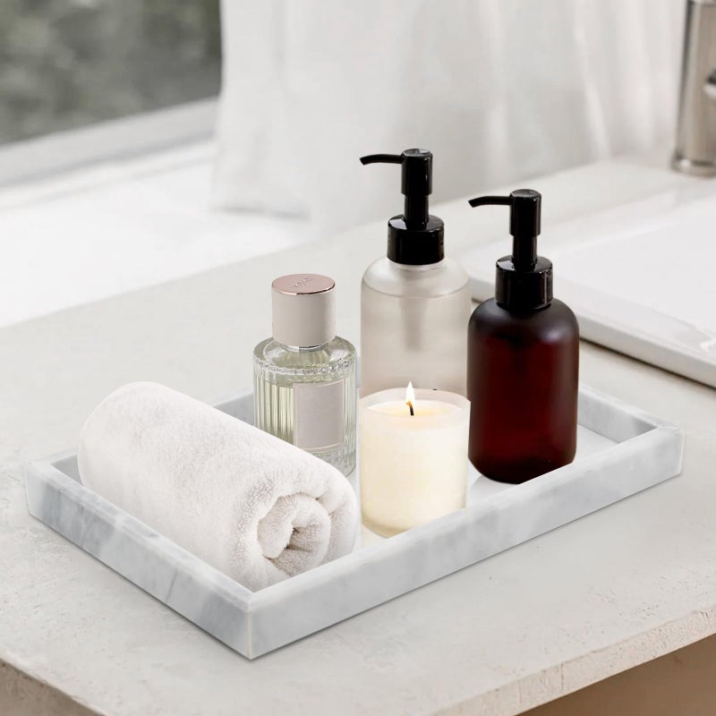 MULWR Marble Bathroom Tray Pure Natural Marble Vanity Tray Marble Tray for Kitchen Counter Non-Ceramic/Non-Resin Stone Tray 12 x 8 inch (White) - Image 5